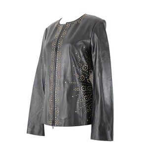 Dana Buchman Sz 12 Black Gold Stud Zipper 100% Leather Acetate Lined Jacket
